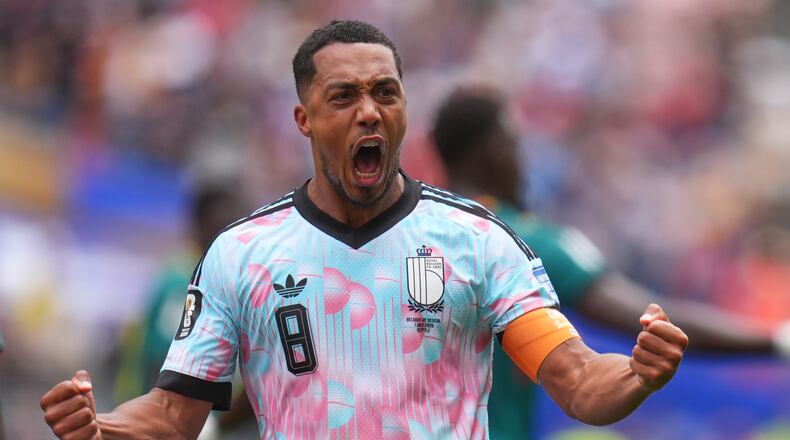 Belgium's Youri Tielemans (8) celebrates after scoring during the World Cup round of 32 soccer match between Belgium and Senegal in Seattle, Wednesday, July 1, 2026. (AP Photo/Manu Fernandez)