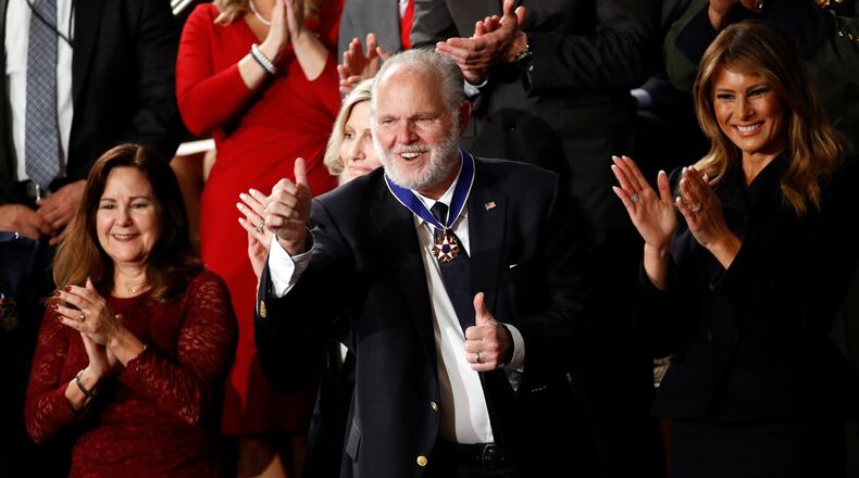 Rush Limbaugh was presented with the Presidential Medal of Freedom during President Donald Trump's most recent State of the Union. Trump appeared on Friday's edition of Limbaugh's nationally syndicated radio talk show. (AP Photo/Patrick Semansky)