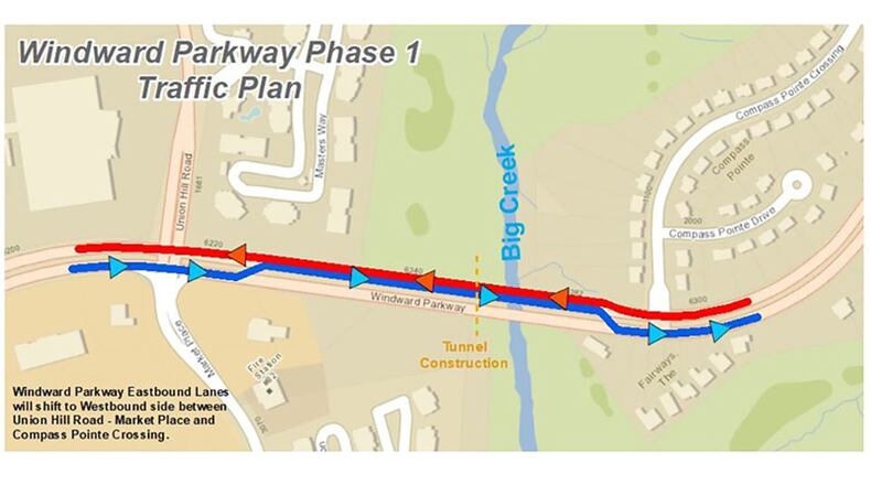 Map depicts how the eastbound lanes of Windward Parkway at Big Creek in Alpharetta will be closed for the construction of a tunnel to extend the Big Creek Greenway under the road. CITY OF ALPHARETTA