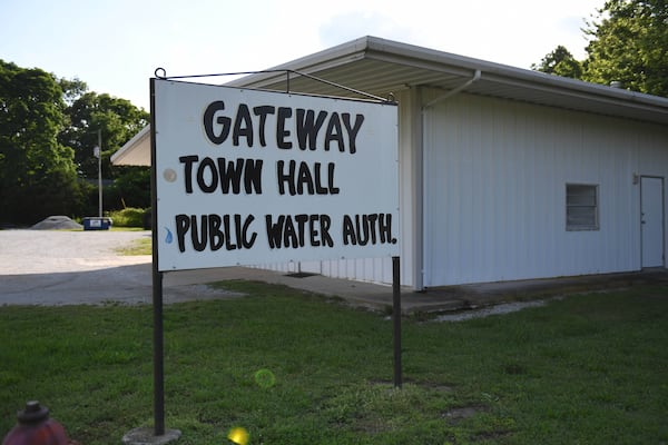 A sign can be seen outside Gateway Town Hall in Gateway, Ark. On May 28, 2026. (AP Photo/Nick Ingram)