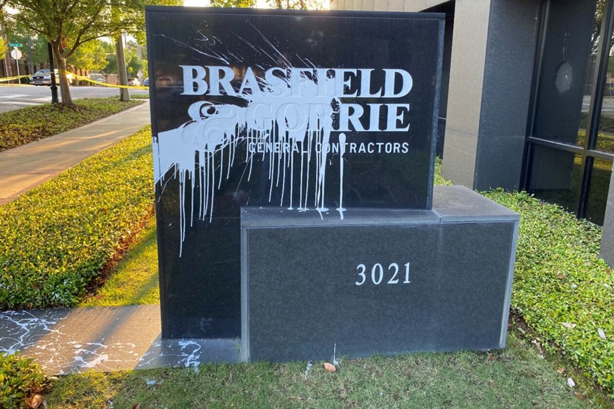 Brasfield & Gorrie, general contractor for the Atlanta Public Safety Training Center, was a target of activists opposed to the project, officials say. The company's Alabama office, shown here, was vandalized. Now, two people face federal charges after authorities allege they used fire and explosives to damage the company's Cobb County offices in 2022. (Courtesy of Crime Stoppers Greater Atlanta)