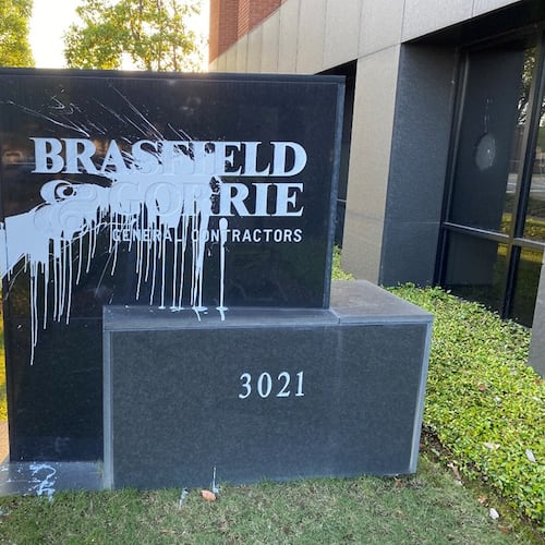 Brasfield & Gorrie, general contractor for the Atlanta Public Safety Training Center, was a target of activists opposed to the project, officials say. The company's Alabama office, shown here, was vandalized. Now, two people face federal charges after authorities allege they used fire and explosives to damage the company's Cobb County offices in 2022. (Courtesy of Crime Stoppers Greater Atlanta)