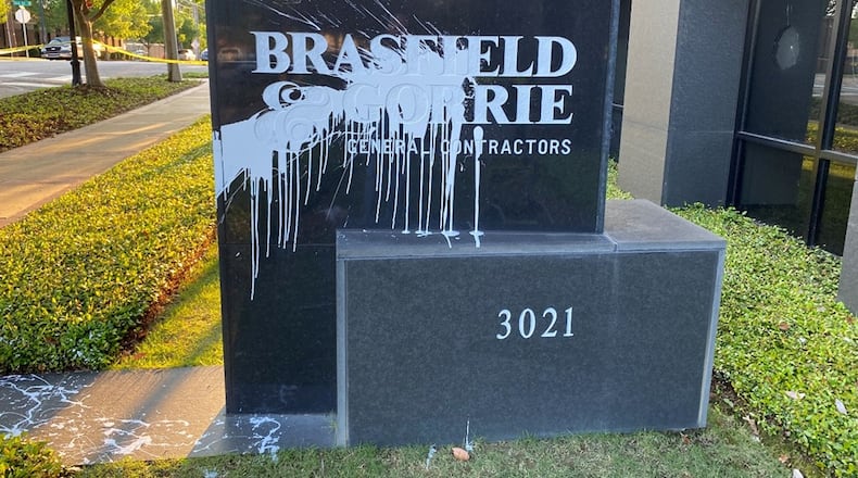 Brasfield & Gorrie, general contractor for the Atlanta Public Safety Training Center, was a target of activists opposed to the project, officials say. The company's Alabama office, shown here, was vandalized. Now, two people face federal charges after authorities allege they used fire and explosives to damage the company's Cobb County offices in 2022. (Courtesy of Crime Stoppers Greater Atlanta)