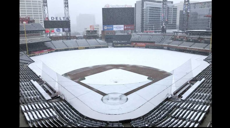 SunTrust Park sees its first snow on Dec. 8, 2017.