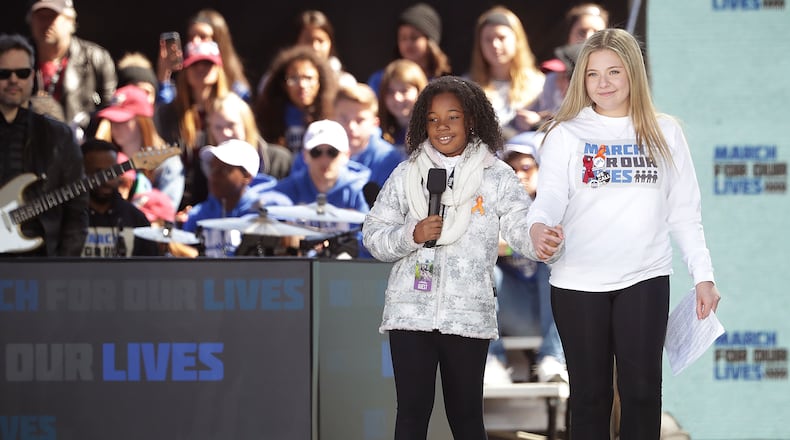 WASHINGTON, DC - MARCH 24: Marjory Stoneman Douglas High School Student Jaclyn Corin (R) and Yolanda Renee King, grand daughter of Dr. Martin Luther King, Jr. address the March for Our Lives rally on March 24, 2018 in Washington, DC. (Photo by Chip Somodevilla/Getty Images)