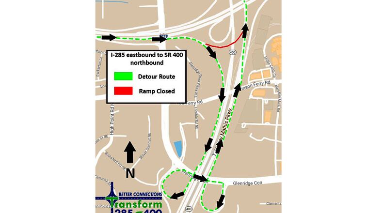 Map depicts the recommended detour when the ramp from eastbound I-285 to northbound Ga. 400 is closed for construction in the Perimeter area of North Fulton and DeKalb counties. GEORGIA DEPARTMENT OF TRANSPORTATION