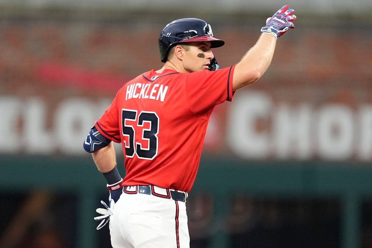 Atlanta Braves' Brewer Hicklen celebrates hitting a double in the fourth inning against the Texas Rangers, Friday, July 17, 2026, in Atlanta. (Mike Stewart/AP)