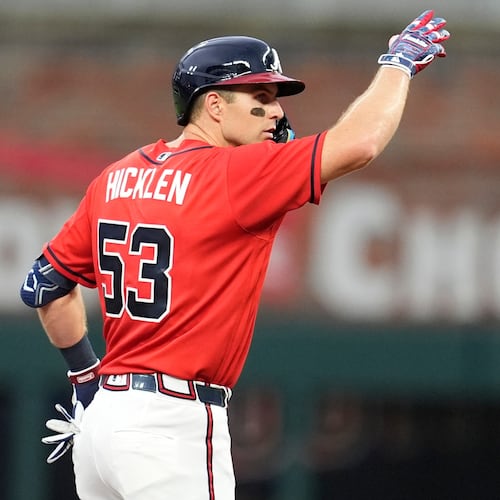 Atlanta Braves' Brewer Hicklen celebrates hitting a double in the fourth inning against the Texas Rangers, Friday, July 17, 2026, in Atlanta. (Mike Stewart/AP)
