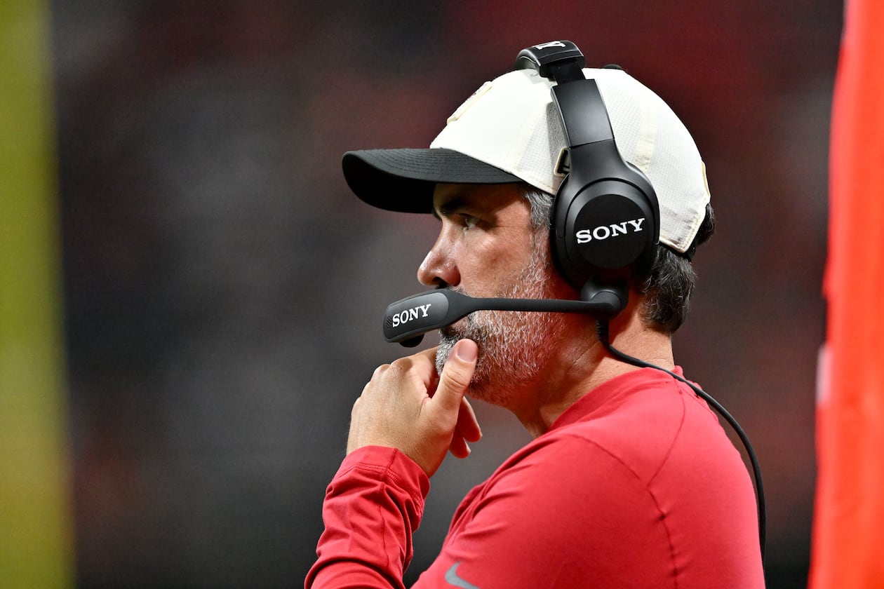Falcons coach Kevin Stefanski watches from the sidelines as his team takes on the Denver Broncos during their preseason game at Mercedes-Benz Stadium on Friday, Aug. 14, 2026, in Atlanta. (Hyosub Shin/AJC)