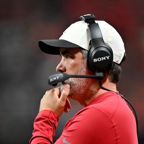 Falcons coach Kevin Stefanski watches from the sidelines as his team takes on the Denver Broncos during their preseason game at Mercedes-Benz Stadium on Friday, Aug. 14, 2026, in Atlanta. (Hyosub Shin/AJC)