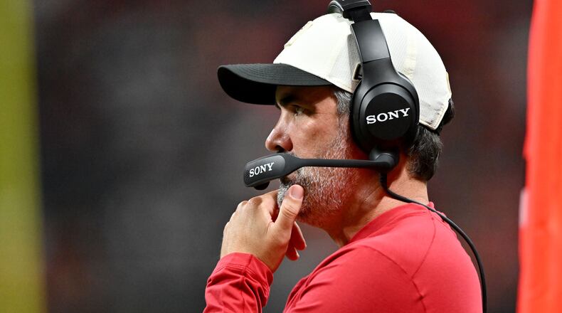 Falcons coach Kevin Stefanski watches from the sidelines as his team takes on the Denver Broncos during their preseason game at Mercedes-Benz Stadium on Friday, Aug. 14, 2026, in Atlanta. (Hyosub Shin/AJC)