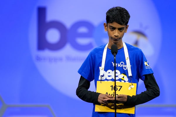 Avinav Prem Anand, 14, of Columbus, Ohio, competes in the first preliminary round of the Scripps National Spelling Bee, Tuesday, May 27, 2025, in Oxon Hill, Md. (AP Photo/Julia Demaree Nikhinson)