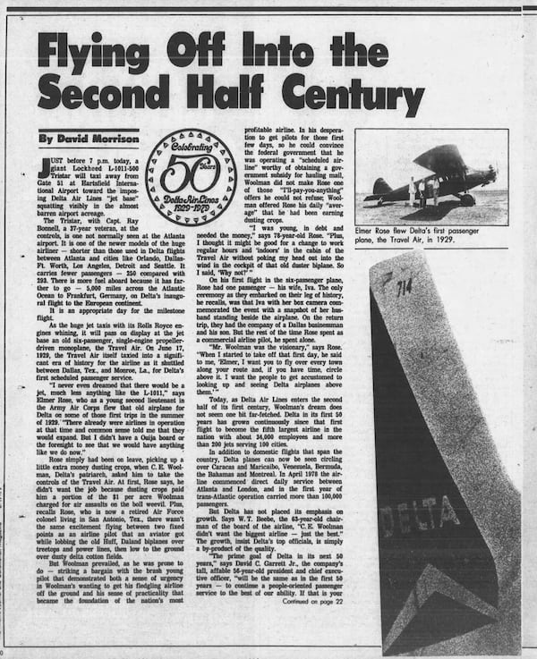 The Atlanta Journal & Constitution Magazine published a multi-page feature on Delta Air Lines' 50 years of history, marked from its first passenger flight in 1929. (AJC Archives)