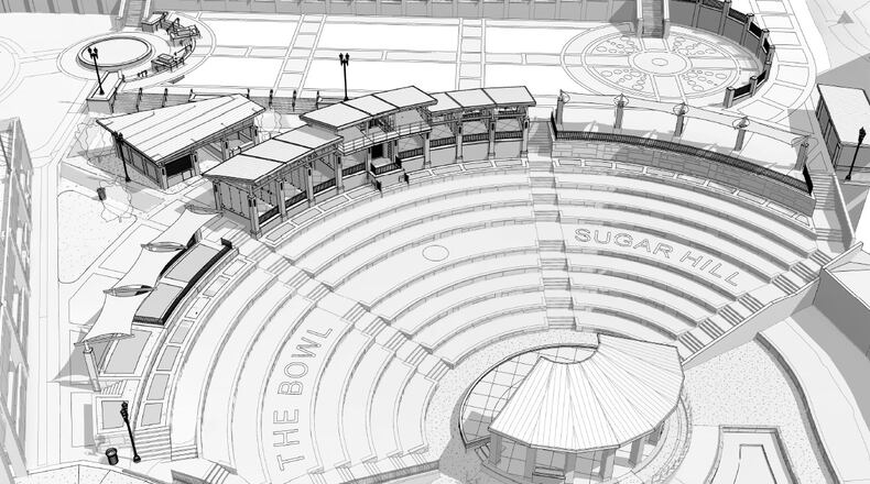 Improvements to Sugar Hill’s the Bowl concert venue include a new concession kiosk between City Hall and the suites, upgraded seating options and surface materials in the Bowl, and permanent divider panels in the suites. (Courtesy City of Sugar Hill)