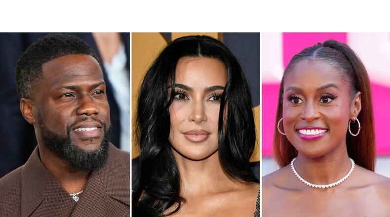 In this combination photo, Kevin Hart attends the "Lift" premiere in New York on Jan. 8, 2024, left, Kim Kardashian attends the SNL50: The Anniversary Special in New York on Feb. 16, 2025, center, and Issa Rae appears at the premiere of "Barbie" in London on July 12, 2023. (AP Photo)