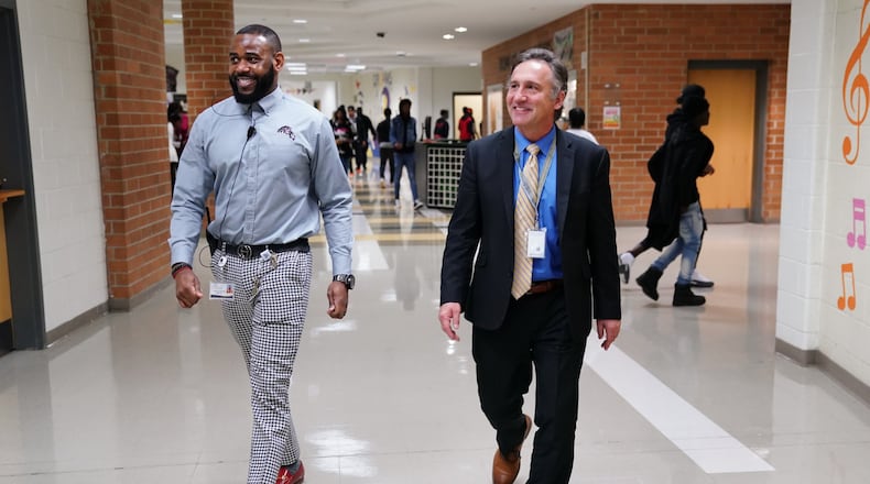 Fulton County Superintendent Mike Looney and Principal Charles Chester walk through Langston Hughes High School on Friday, December 13, 2019, in Fairburn. (Photo: ELIJAH NOUVELAGE FOR THE ATLANTA JOURNAL-CONSTITUTION)