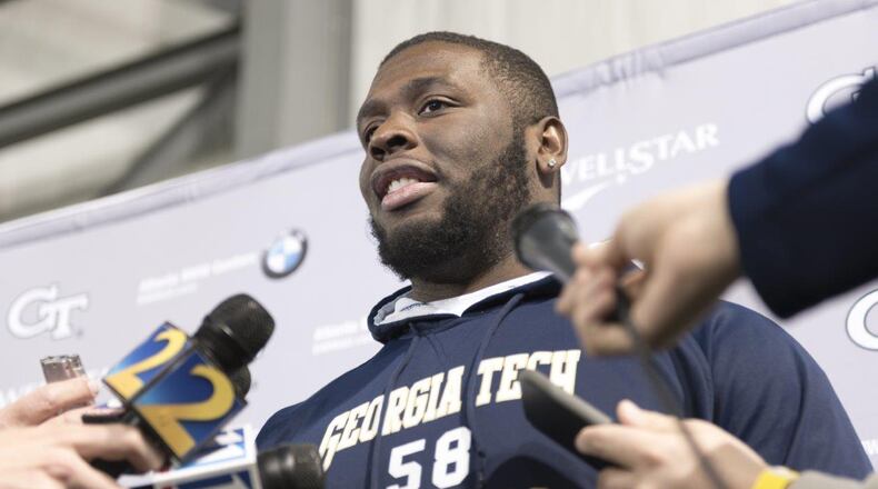 Former Georgia Tech center Freddie Burden (58) speaks with reporters during Pro Day at the Georgia Tech Mary R. & John F. Brock practice facility in Atlanta, Georgia, on Friday, March 17, 2017. (DAVID BARNES / SPECIAL)