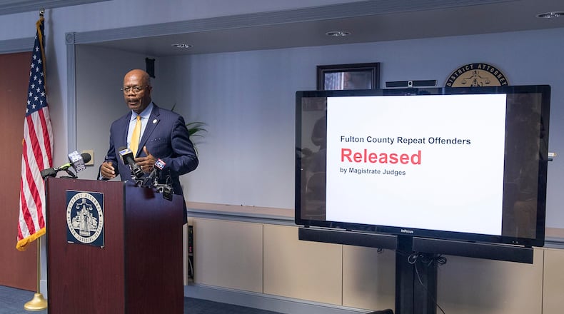 Fulton County District Attorney Paul L. Howard, Jr. speaks with members of the media about the problem of repeat offenders. (ALYSSA POINTER/ALYSSA.POINTER@AJC.COM)