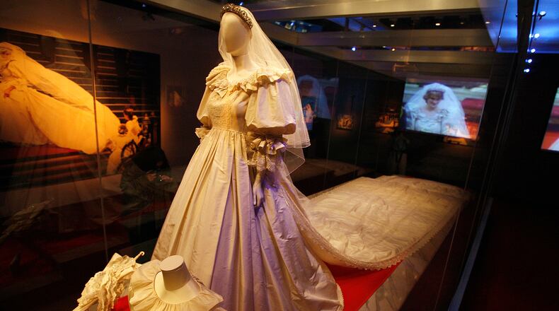 Highlights of the exhibit, "Diana: A Celebration" include a wedding dress with a 25 foot-long train, trimmed and edged with sparkling lace. The veil is hand-embroidered with tiny mother-of-pearl sequins and pearls. Diana: A Celebration, chronicles the life of the late Diana, Princess of Wales. It was on display at the Atlanta Civic Center in 2010. Vino Wong, vwong@ajc.com