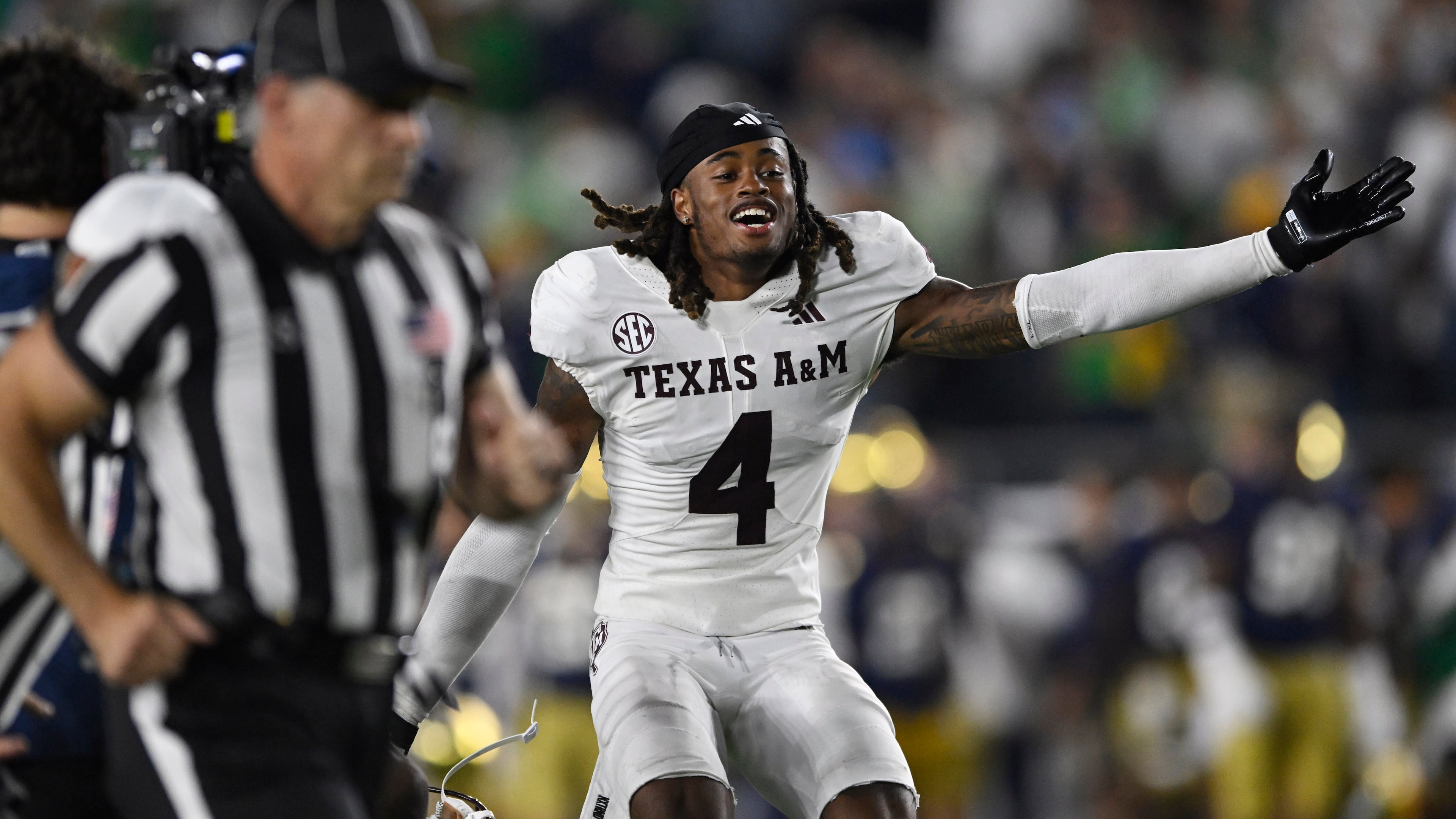 Texas A&M's Will Lee III celebrates after defeating Notre Dame 41-40 in an NCAA football game Saturday, Sept. 13, 2025, in South Bend, Ind. (AP Photo/Paul Beaty)