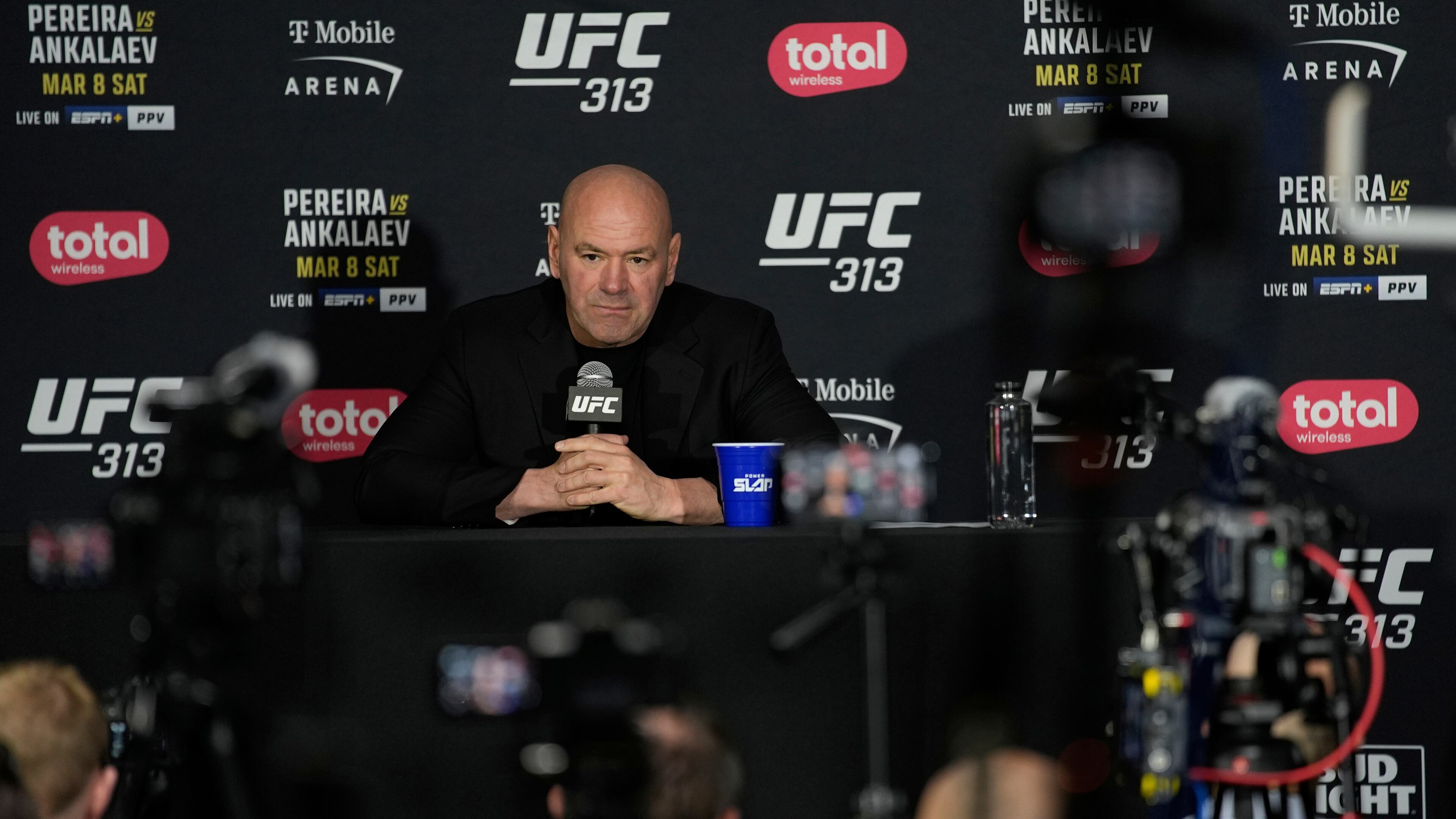 FILE - Dana White, CEO of the Ultimate Fighting Championship, speaks during a news conference following the UFC 313 mixed martial arts event Saturday, March 8, 2025, in Las Vegas. (AP Photo/John Locher, File)