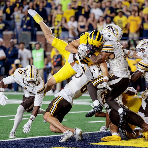 Michigan's wide receiver JJ Buchanan (6) makes the game-winning catch to win over Western Michigan with a last-second touchdown during an NCAA college football game in Ann Arbor, Mich., Saturday, Sept. 5 2026. (Jacob Hamilton/Ann Arbor News via AP)