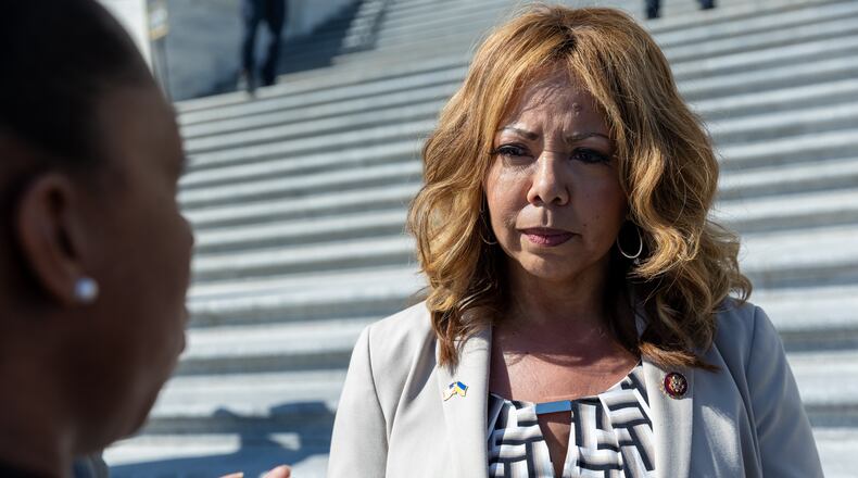 Rep. Lucy McBath (D-GA) and Rep. Nikema Williams (D-GA) speaks with AJC reporter Tia Mitchell after an event marking the one year anniversary of the Atlanta Spa Shooting on March 16th, 2022 in Washington, DC