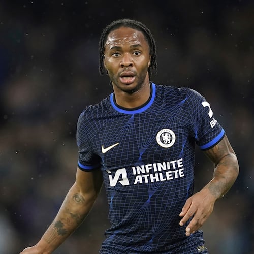 FILE - Chelsea's Raheem Sterling during the English Premier League soccer match between Manchester City and Chelsea at the Etihad stadium in Manchester, England, on Feb. 17, 2024. (AP Photo/Dave Thompson, File)