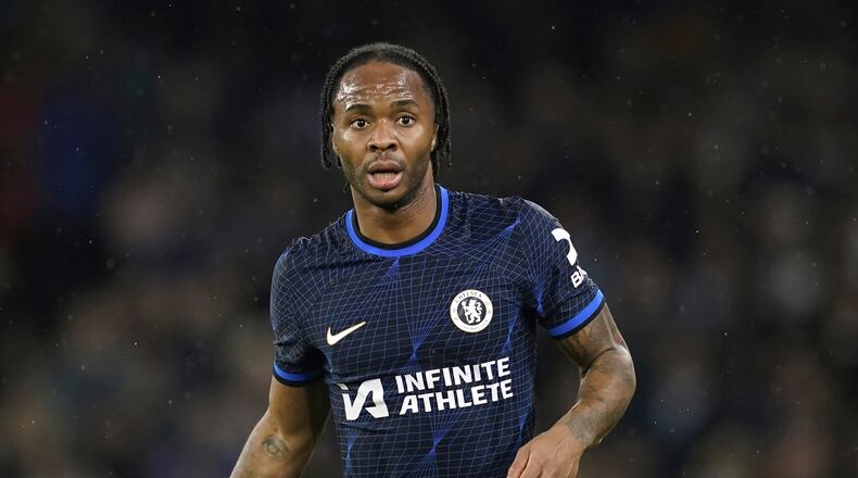 FILE - Chelsea's Raheem Sterling during the English Premier League soccer match between Manchester City and Chelsea at the Etihad stadium in Manchester, England, on Feb. 17, 2024. (AP Photo/Dave Thompson, File)