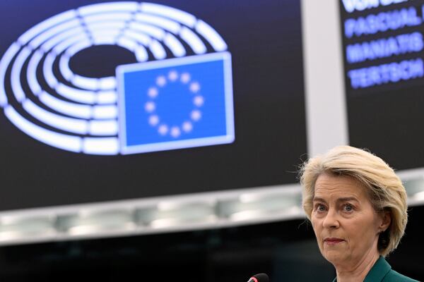European Commission president Ursula von der Leyen delivers her speech during a statement on the preparation for the EU–China Summit, Tuesday, July 8, 2025 at the European Parliament in Strasbourg, eastern France. (AP Photo/Pascal Bastien)