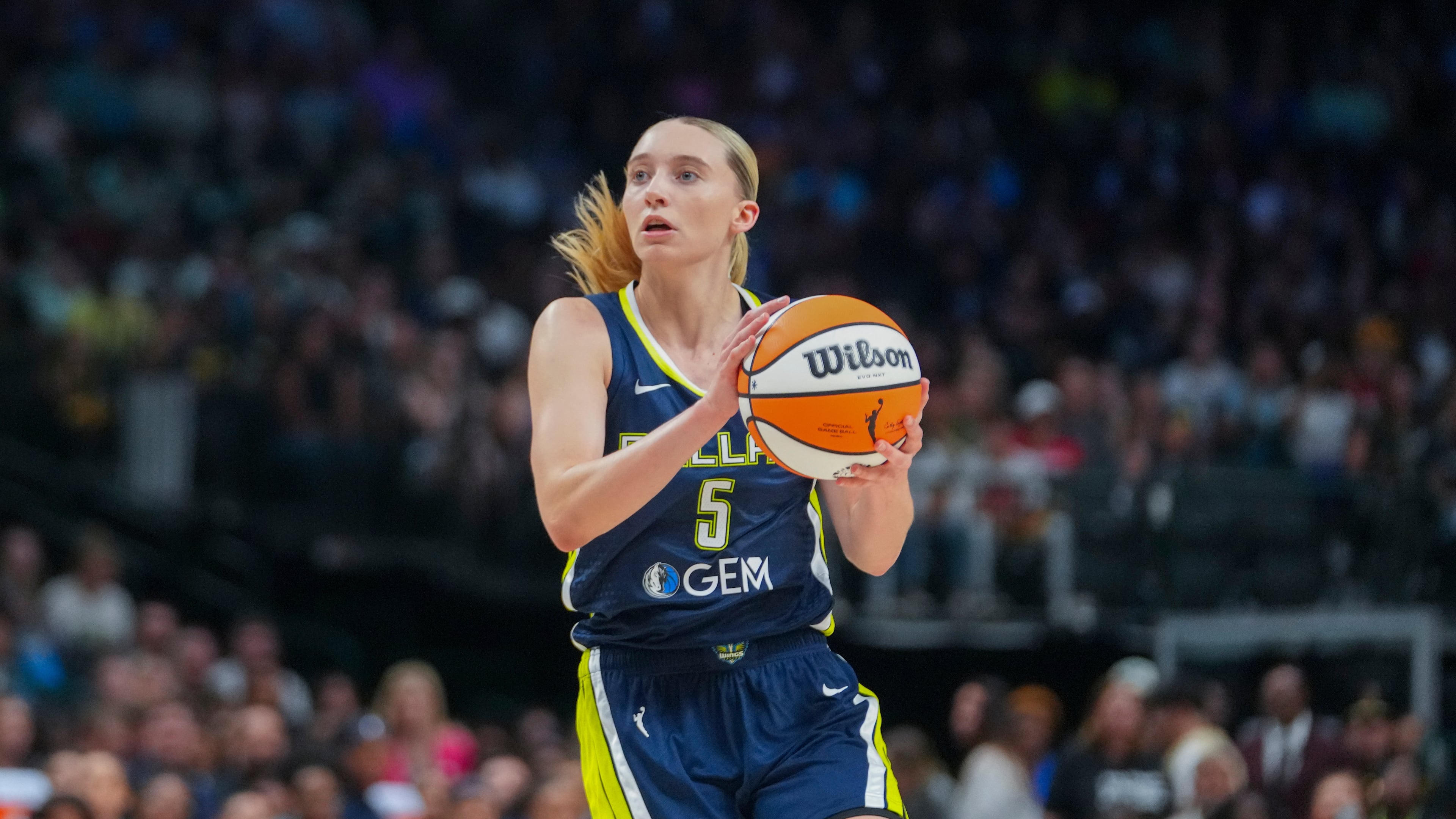 FILE - Dallas Wings guard Paige Bueckers works the floor against the Indiana Fever during the second half of a WNBA basketball game Aug. 1, 2025, in Dallas. (AP Photo/Julio Cortez, File)