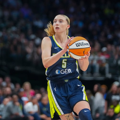 FILE - Dallas Wings guard Paige Bueckers works the floor against the Indiana Fever during the second half of a WNBA basketball game Aug. 1, 2025, in Dallas. (AP Photo/Julio Cortez, File)