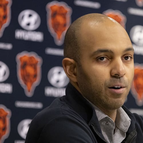 Bears assistant general manager Ian Cunningham speaks about the upcoming NFL draft on Tuesday, April 25, 2023, at Halas Hall. (Brian Cassella/Chicago Tribune/TNS)