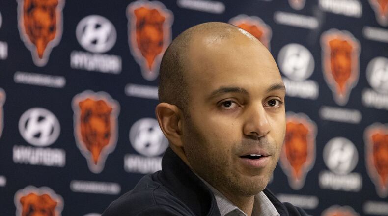 Bears assistant general manager Ian Cunningham speaks about the upcoming NFL draft on Tuesday, April 25, 2023, at Halas Hall. (Brian Cassella/Chicago Tribune/TNS)