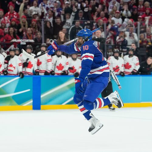 United States' Laila Edwards (10) celebrates as United States' Hilary Knight (21) scored an equalizer during a women's ice hockey gold medal game between the United States and Canada at the 2026 Winter Olympics, in Milan, Italy, Thursday, Feb. 19, 2026. (AP Photo/Petr David Josek)