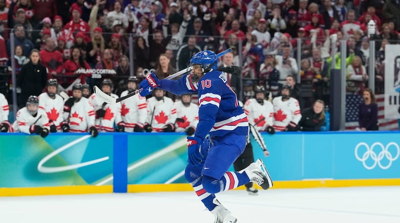 United States' Laila Edwards (10) celebrates as United States' Hilary Knight (21) scored an equalizer during a women's ice hockey gold medal game between the United States and Canada at the 2026 Winter Olympics, in Milan, Italy, Thursday, Feb. 19, 2026. (AP Photo/Petr David Josek)