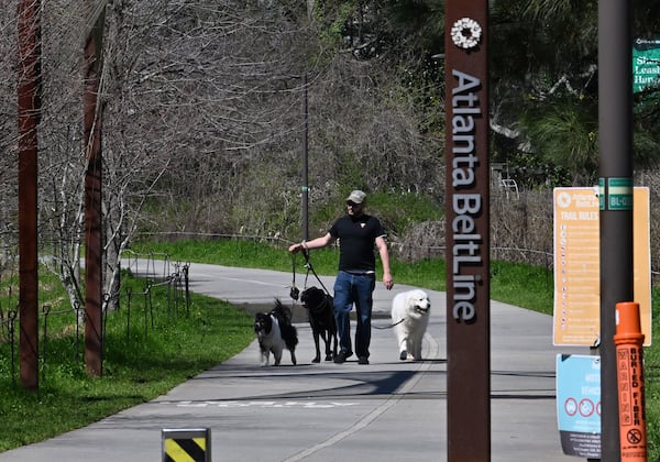 Jahi Villinger walks his dogs on Atlanta Beltline Southwest Trail, Thursday, March 12, 2026, in Atlanta. The Atlanta Beltline is announcing today that it has a new designation: home of the world's longest linear arboretum, spanning more than 12 miles of completed trail. (Hyosub Shin/AJC)
