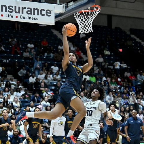 Wheeler's Colben Landrew — pictured going for a layup in the Class 6A state championship game against Pebblebrook on Saturday, March 14, 2026 — had one of the top performances in this year's title games, with 29 points and 12 rebounds. (Hyosub Shin/AJC)