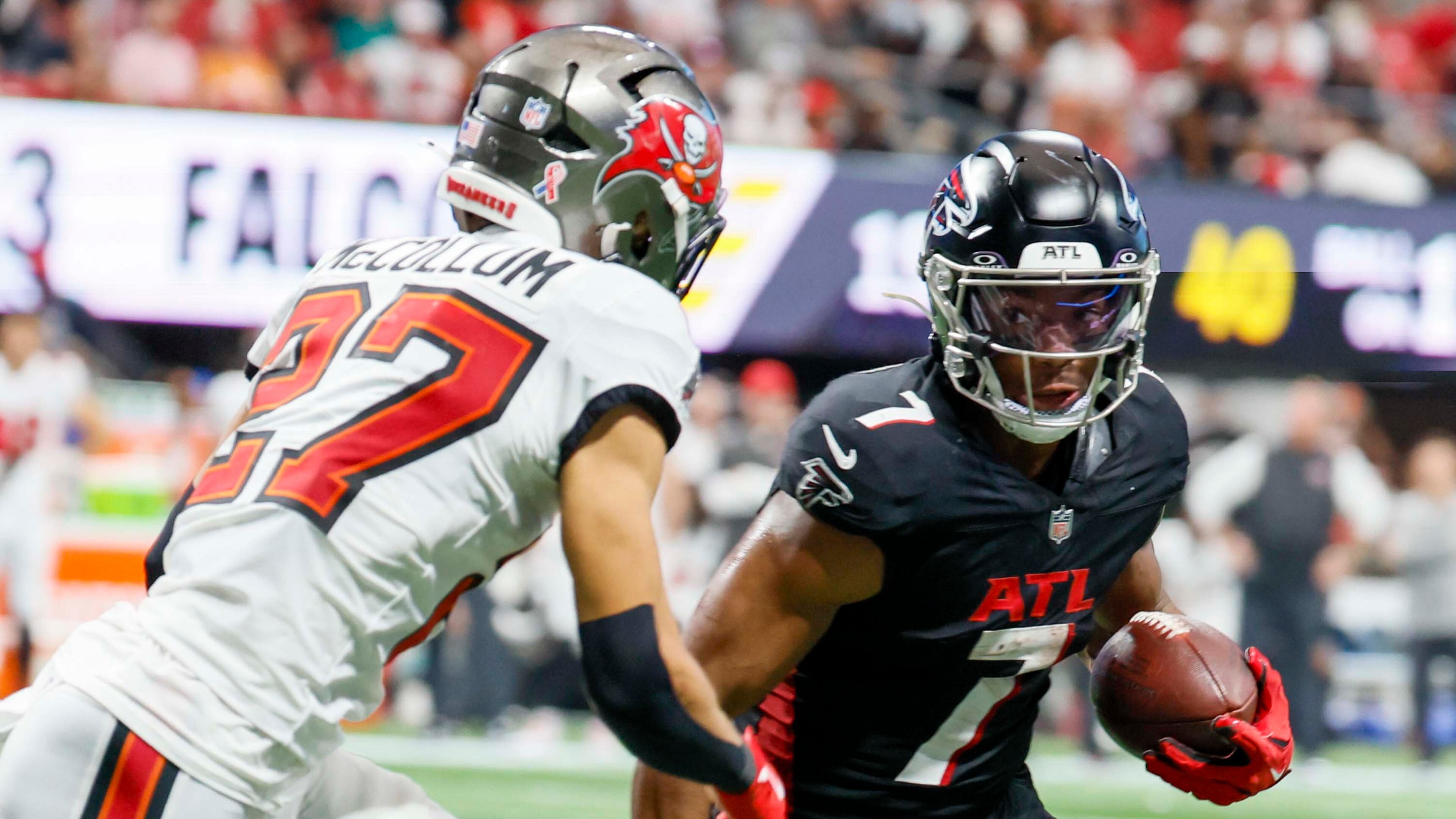 Atlanta Falcons running back Bijan Robinson wasn't happy with the running game against the Tampa Bay Buccaneers on Sept. 7, 2025. The running game, he said, is "the driving force of everything that opens up the pass, opens up play action.” (Miguel Martinez/AJC)