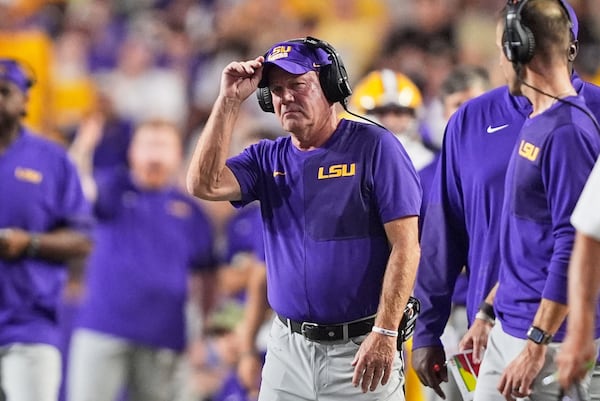 LSU coach Brian Kelly watches as his team faces Florida on Saturday, Sept. 13, 2025, in Baton Rouge, La. “I think each individual situation requires universities to decide what it looks like moving forward, instead of where we are right now,” Kelly says of firing coaches in-season. (Gerald Herbert/AP)
