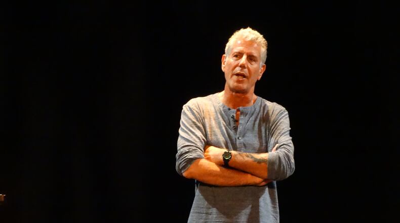 Anthony Bourdain, dressed casually and looking relaxed, amused a nearly full Fox Theatre Saturday night with stories and thoughts about his life. CREDIT: Rodney Ho/rho@ajc.com