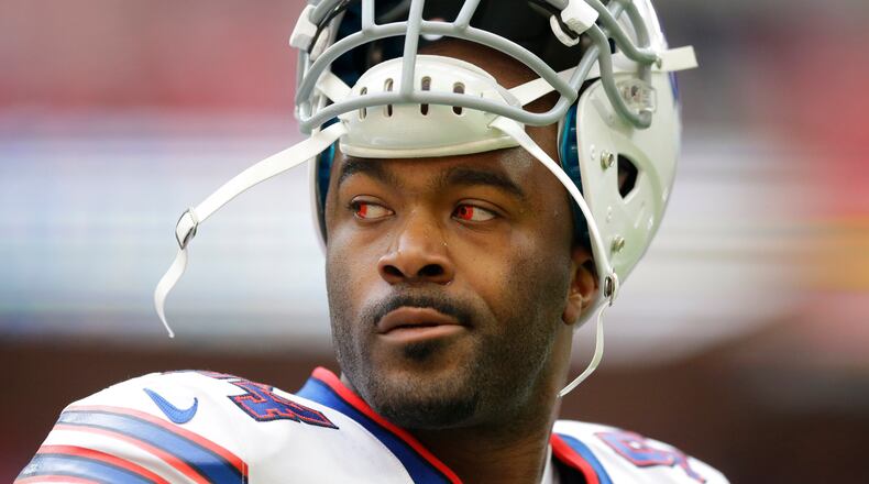 FILE - In this Oct. 25, 2015, file photo, Buffalo Bills defensive end Mario Williams stands on the field during the warm-up before an NFL game against the Jacksonville Jaguars at Wembley Stadium in Londo. The Bills released the high-priced defensive end on Tuesday, March 1, 2016. (AP Photo/Matt Dunham, File)