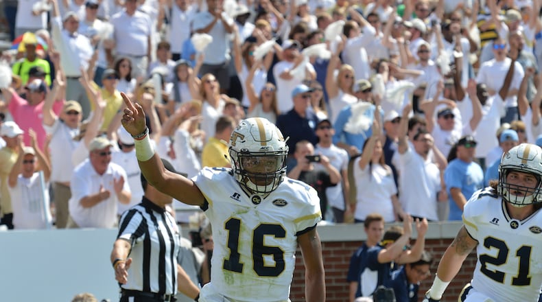 September 30, 2017 Atlanta - Georgia Tech quarterback TaQuon Marshall (16) celebrates after he scored a touchdown in the first half of an NCAA college football game against the North Carolina at Bobby Dodd Stadium on Saturday, September 30, 2017. HYOSUB SHIN / HSHIN@AJC.COM