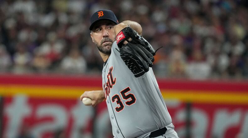 FILE - Detroit Tigers pitcher Justin Verlander works against the Arizona Diamondbacks during the first inning of an opening-day baseball game Monday, March 30, 2026, in Phoenix. (AP Photo/Darryl Webb,File)