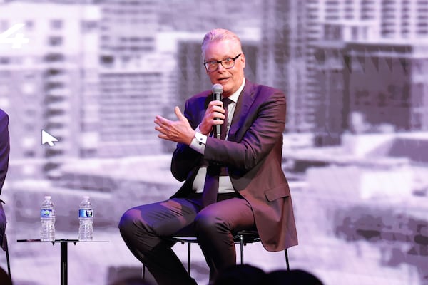 Delta Air Lines CEO Ed Bastian speaks during a panel discussion with Ricky Smith, General Manager of Hartsfield-Jackson Atlanta International Airport moderated by AJC reporter Emma Hurt at the Delta Flight Museum on Tuesday, Sept. 9, 2025. (Natrice Miller/ AJC)