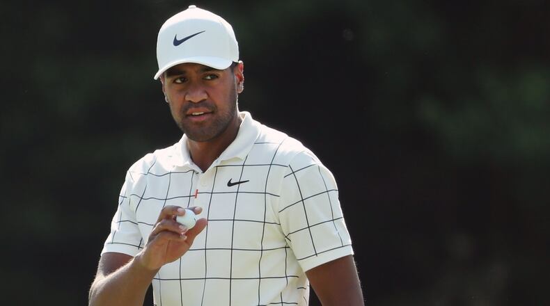 Tony Finau reacts to his birdie putt on 15 during the third round of the Masters Tournament Saturday, April 13, 2019, at Augusta National Golf Club in Augusta. Jason Getz / Special to the AJC