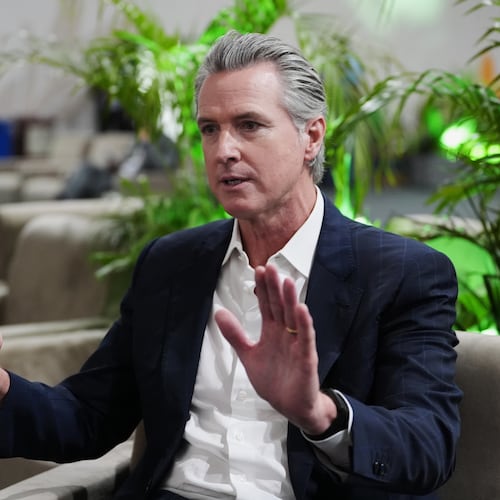 California Gov. Gavin Newsom speaks during an interview with The Associated Press at the COP30 U.N. Climate Summit, Tuesday, Nov. 11, 2025, in Belem, Brazil. (AP Photo/Joshua A. Bickel)