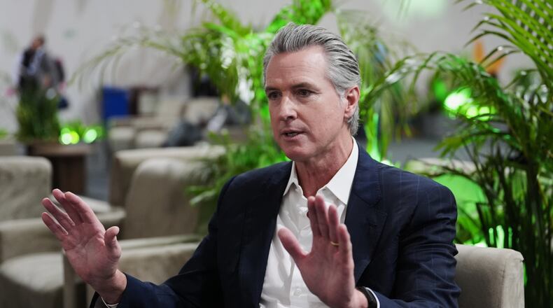 California Gov. Gavin Newsom speaks during an interview with The Associated Press at the COP30 U.N. Climate Summit, Tuesday, Nov. 11, 2025, in Belem, Brazil. (AP Photo/Joshua A. Bickel)