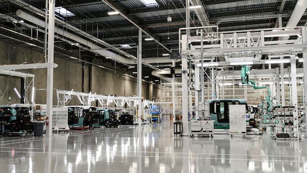 In this undated handout photo provided by Zoox, Zoox robotaxis are assembled at a 220,000-square-foot factory located in Hayward, California. (Zoox via AP)