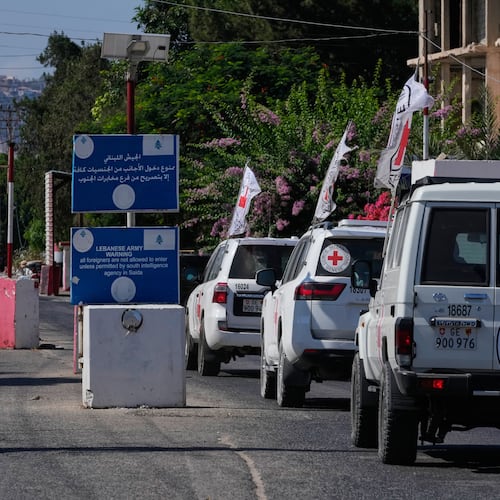 A Red Cross convoy passes a Lebanese checkpoint near the border with Israel in the southern village of Mansouri, Lebanon, Friday, Sept. 4, 2026. (AP Photo/Mohammed Zaatari) CORRECTION: A Red Cross convoy, instead of U.N. peacekeeper convoy